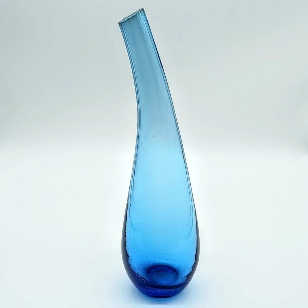 Handblown Ikea Blue Bent Neck Teardrop Glass Vase
